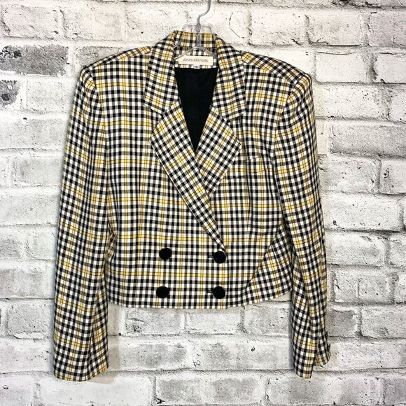 Vintage 80s 90s Jones New York Double Breasted Plaid Cropped Blazer - Picture 1 of 12